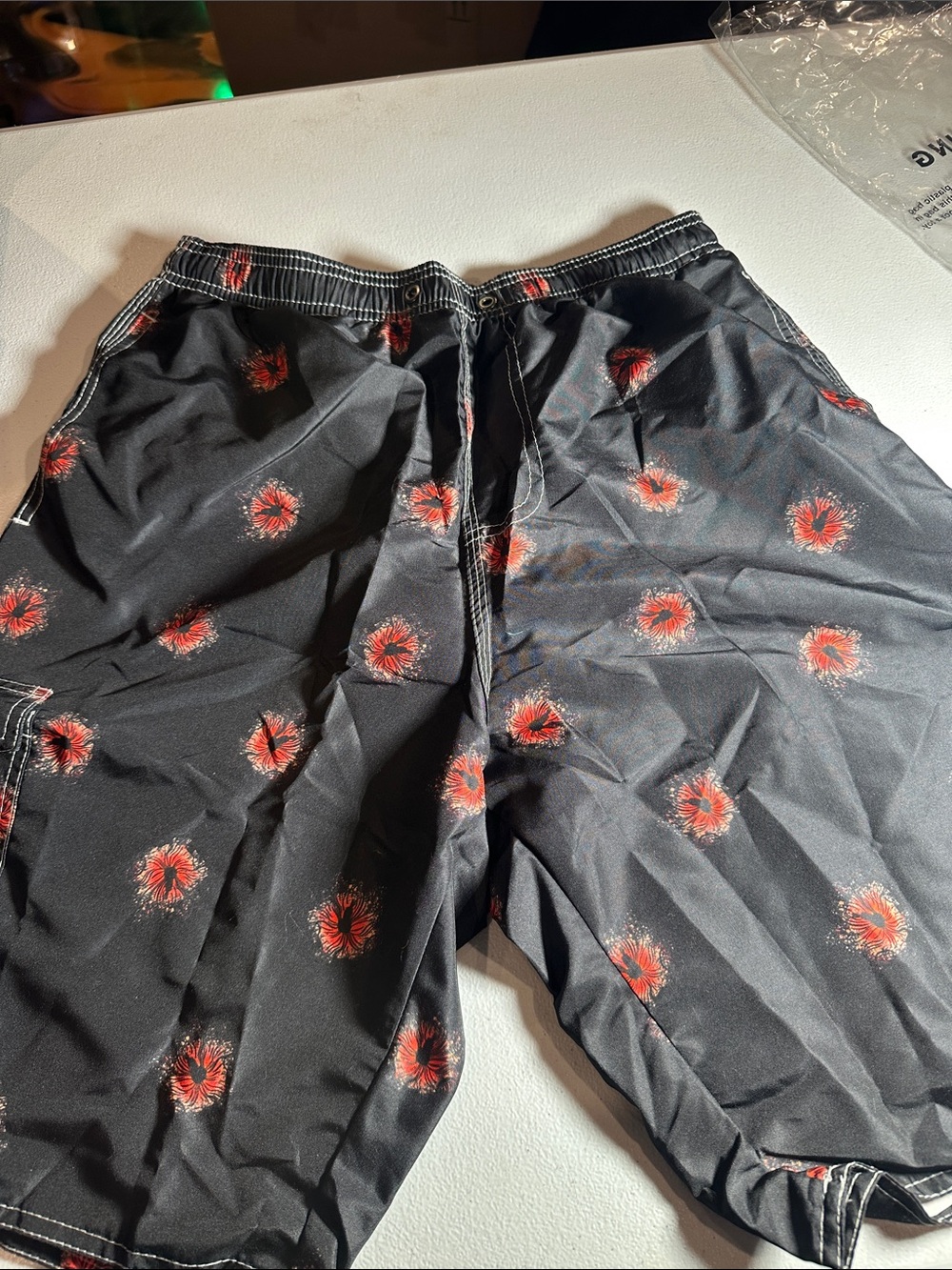 Men's Black Swim Trunks with Red Floral Print